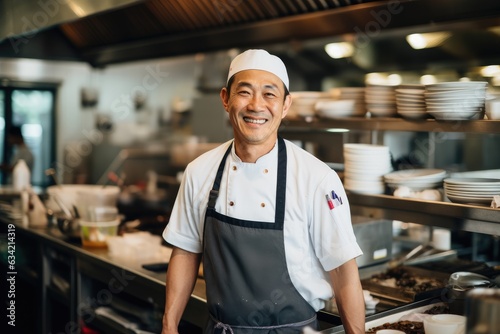 Middle aged chinese chef working and preparing food in a restaurant kitchen smiling portrait