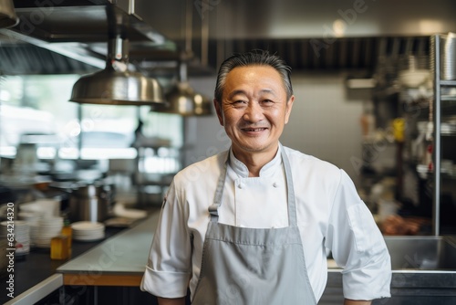 Middle aged chinese chef working and preparing food in a restaurant kitchen smiling portrait