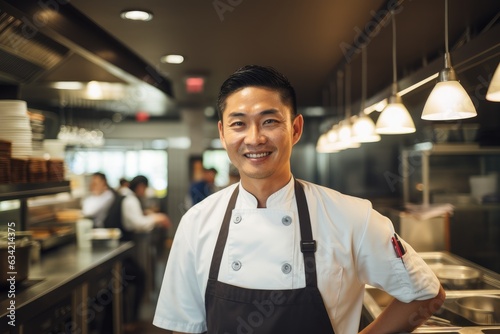 Middle aged asian chef working in a restaurant kitchen smiling portrait