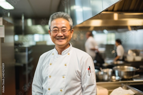 Middle aged asian chef working in a restaurant kitchen smiling portrait