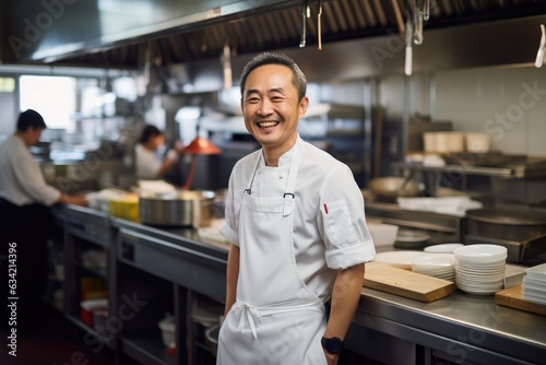 Fototapeta Naklejka Na Ścianę i Meble -  Middle aged asian chef working in a restaurant kitchen smiling portrait