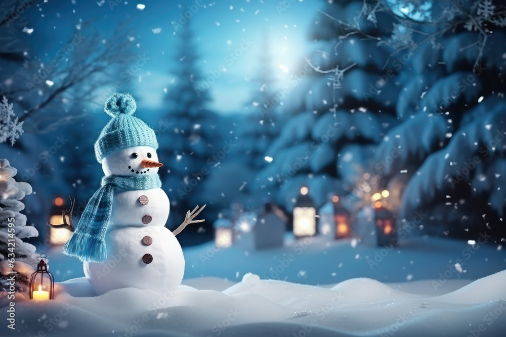 Obraz premium Snowman in a hat on a blue background. night, lights and magic. christmas and new year, winter. fairy forest.