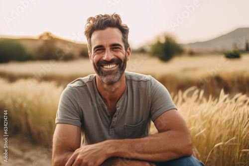 Portrait of a smilimg middle aged caucasian farmer on his farm field photo