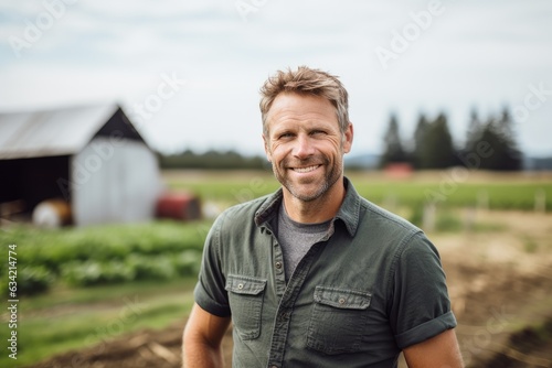 Portrait of a smilimg middle aged caucasian farmer on his farm field