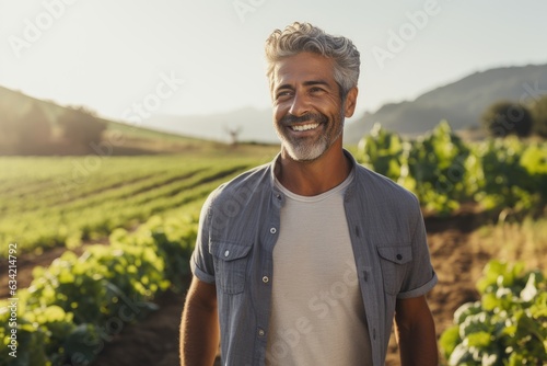 Portrait of a smilimg middle aged caucasian farmer on his farm field photo