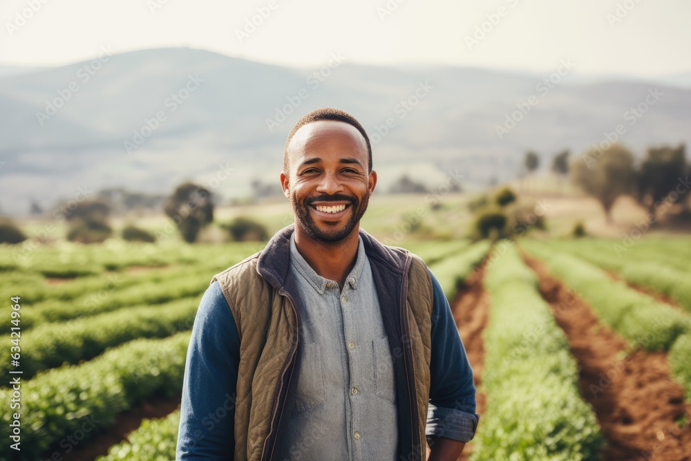 Middle aged african american farmer smiling and working on a farm field portrait Middle aged african american farmer smiling and working on a farm field portrait