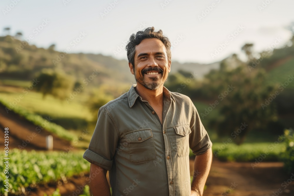 middle aged male mexican farmer smiling and working on a farm field portrait middle aged male mexican farmer smiling and working on a farm field portrait