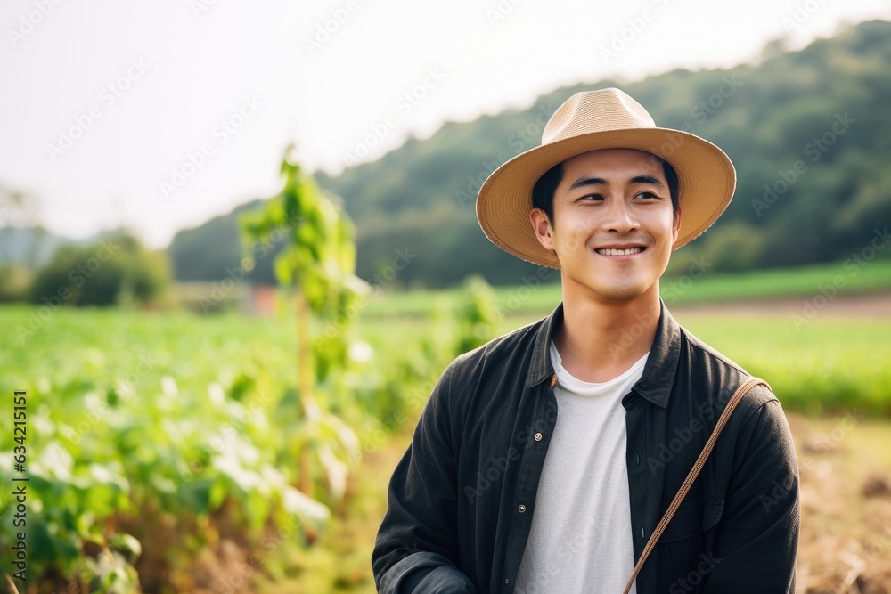 Young japanese male farmer working and smiling in a farm field portrait