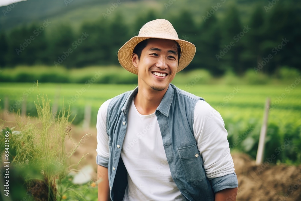 Young korean male farmer smiling and working in a farm field portrait
