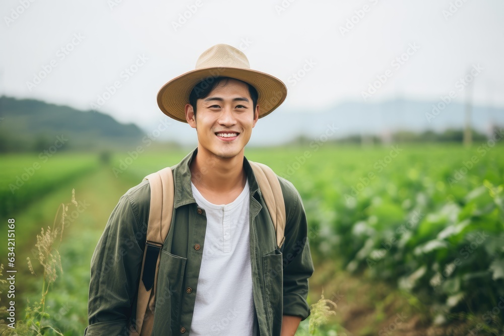 Young male chiense farmer smiling on a farm field portrait