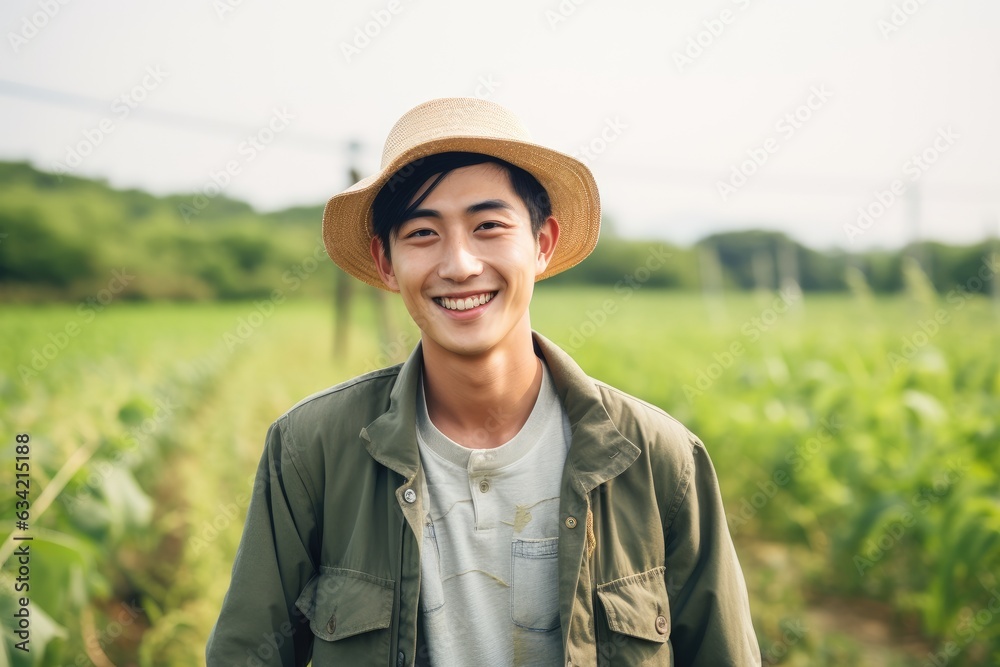 Young male chiense farmer smiling on a farm field portrait