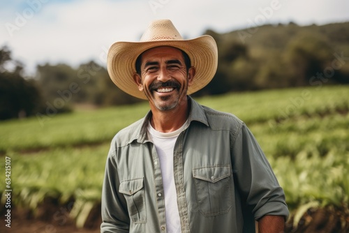 middle aged male mexican farmer smiling and working on a farm field portrait photo