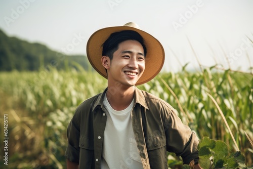 Young male chiense farmer smiling on a farm field portrait photo