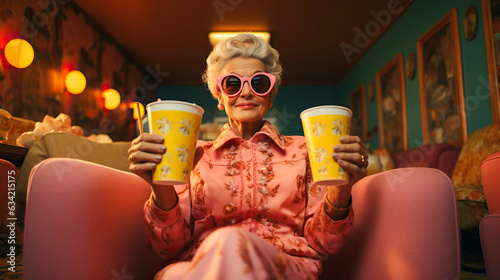 adorable senior lady in the cinema, generative ai photo