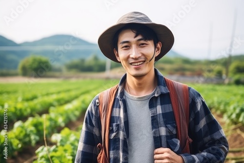 Young male chiense farmer smiling on a farm field portrait photo