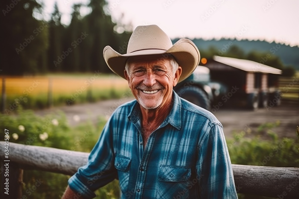 Senior caucasian male farmer smiling portrait on a farm