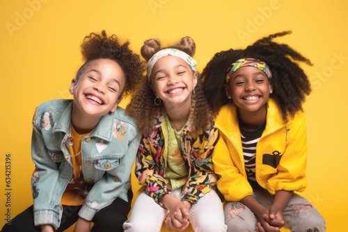 Happy girl kids group on yellow background