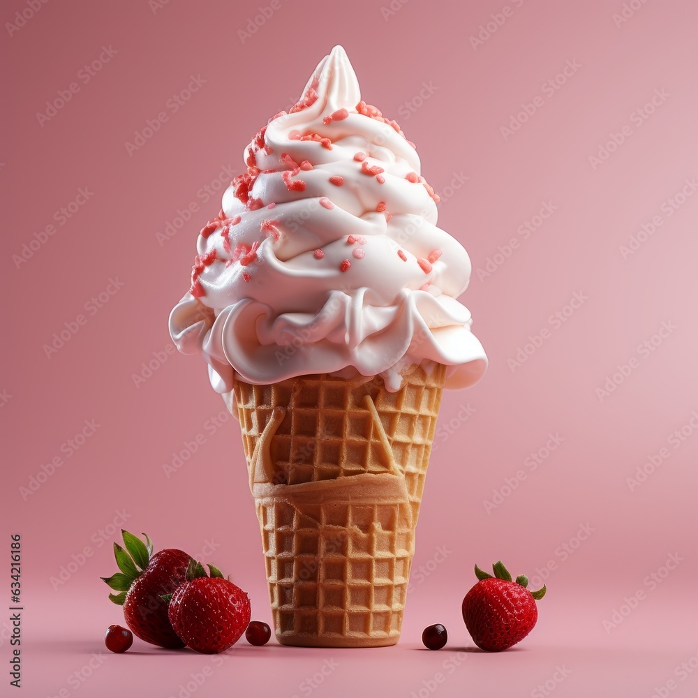 A delicious strawberry ice cream cone with plain background. Generative AI. A delicious strawberry ice cream cone with plain background. Generative AI.