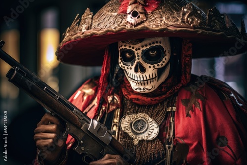 Mexican Skull Dressed In Maricahi Outfit Holding a Weapon. Generative AI
