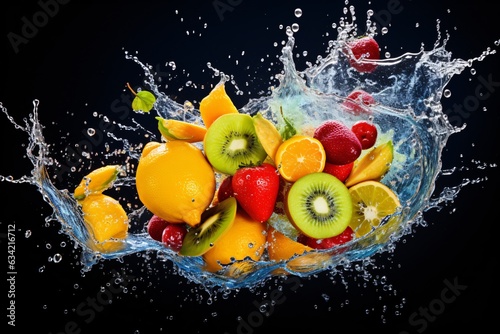 AI Generated Photo of colorful fruit splatter on a plain background splash of juice