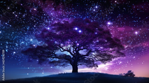 A tree in front of a starry sky with purple data streams rising. Generative AI