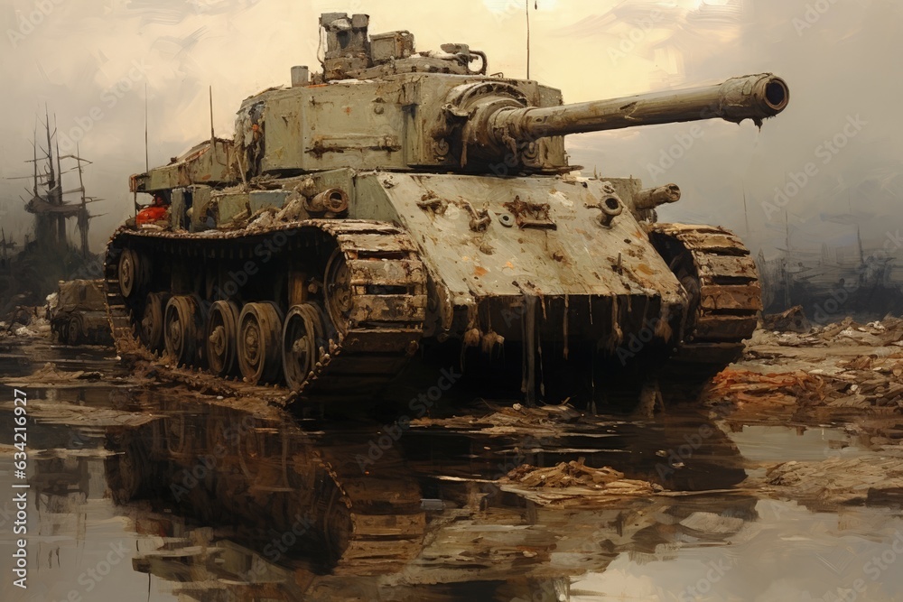 a Massive Tank Stuck In Mud Ready For War. Generative AI