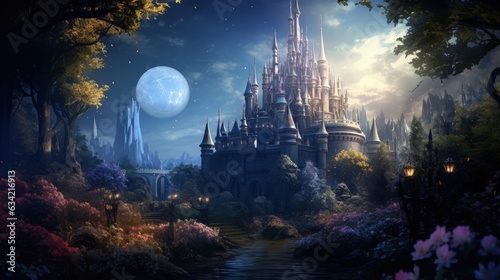 Beautiful Enchanting Fairy Tale Woodland Onto a Castle And a Sailing Ship. Generative AI © Ilugram