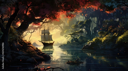 Beautiful Enchanting Fairy Tale Woodland Onto a Castle And a Sailing Ship. Generative AI