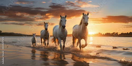 Free Roaming Horses With Little Ones At Early Morning Sunrise. Generative AI