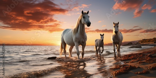 Free Roaming Horses With Little Ones At Early Morning Sunrise. Generative AI