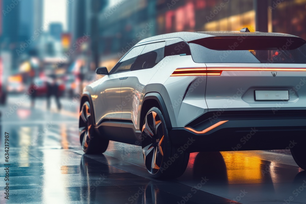Futuristic Electric Suv Car Outside On Modern City Street Out Of Focus. Generative AI