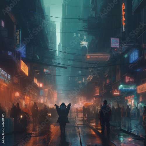 Busy Cyberpunk City Street Background. Generative AI © Ilugram