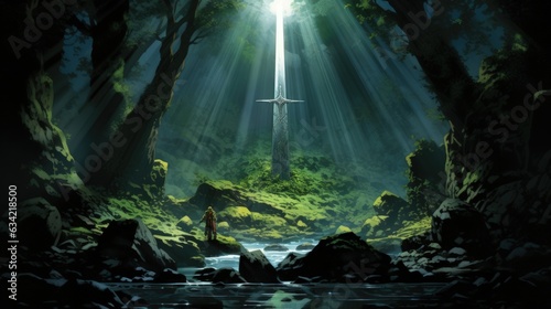 Excalibur Sword In The Stone With Light Rays In a Dark Forest. Generative AI