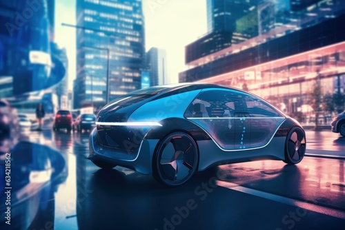Futuristic Electric Liftback Car Outside On Modern City Street Out Of Focus. Generative AI © Ilugram