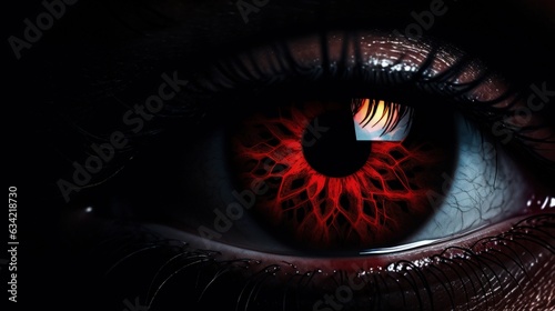 Dark Red Evil Eye Staring In The Darkness. Generative AI