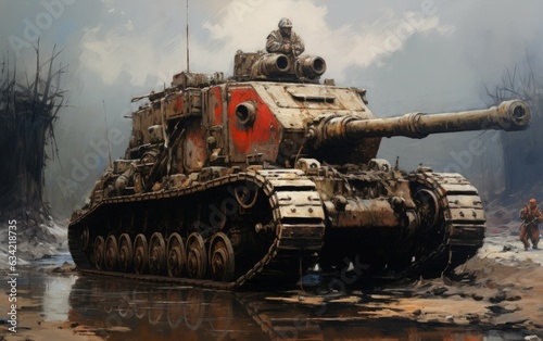 a Massive Tank Stuck In Mud Ready For War. Generative AI