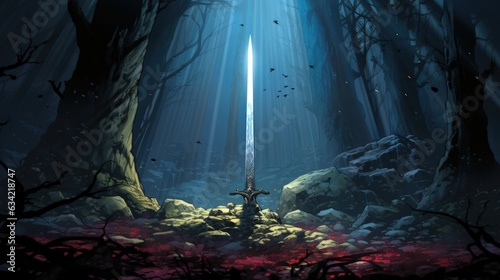 Excalibur Sword In The Stone With Light Rays In a Dark Forest. Generative AI