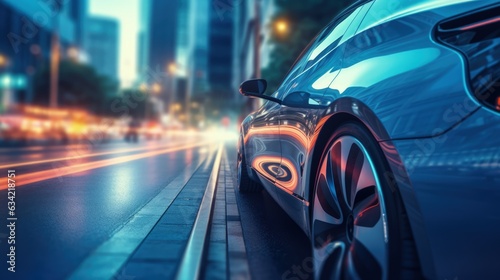 Futuristic Electric Car Outside On Modern City Street Out Of Focus. Generative AI © Ilugram
