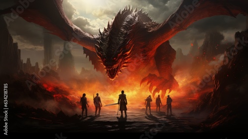 An epic fantasy illustration featuring a group of heroes defeating a dragon. Generative AI