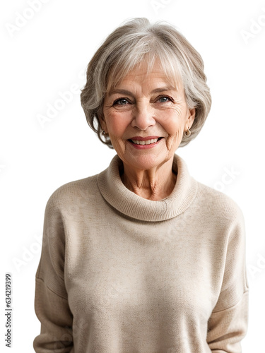 Aged woman wearing warm clothes smiling and looking at the camera, isolated, transparent background, no background. PNG.