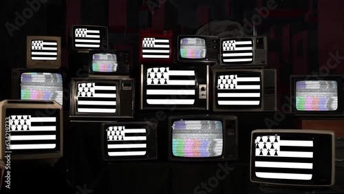 Flag of Brittany (Gwenn ha du) and Vintage Televisions. 4K Resolution. photo