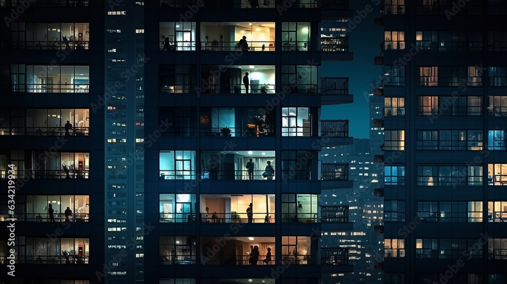 light in night windows,city buildings windows with  blurred  light  and people siluetthe on front ,urban lifestyle 