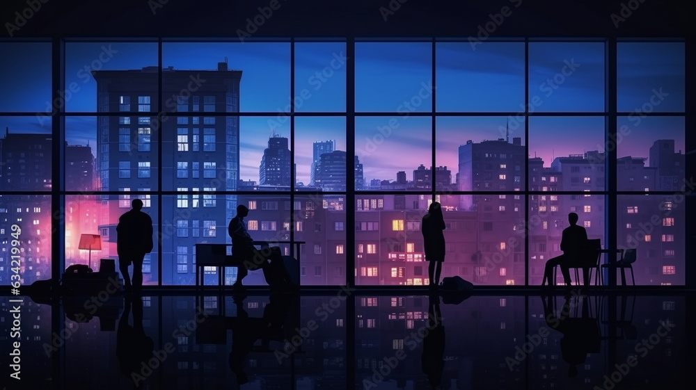 night city buildings windows with  blurred  light  and people siluetthe urban lifestyle 