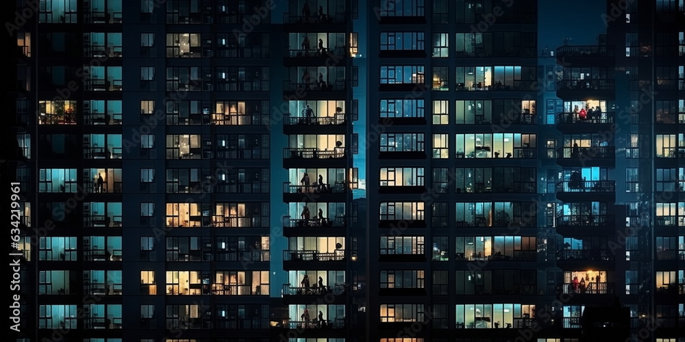 night city buildings windows with  blurred  light  and people siluetthe urban lifestyle 