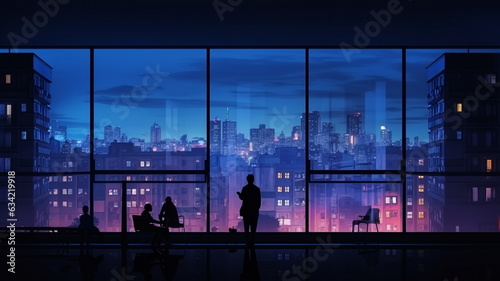 light in night windows,city buildings windows with  blurred  light  and people siluetthe on front ,urban lifestyle  photo