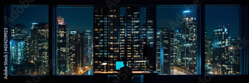 night city buildings windows with  blurred  light  and people siluetthe urban lifestyle  photo