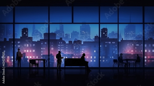 night city buildings windows with  blurred  light  and people siluetthe urban lifestyle  photo