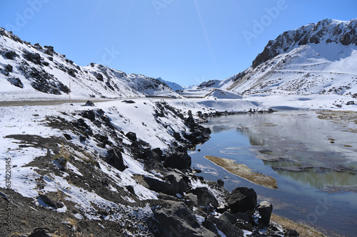Winter landscape in the Andes mountains: Maule river at the border between Chile and Argentina (San Clemente)