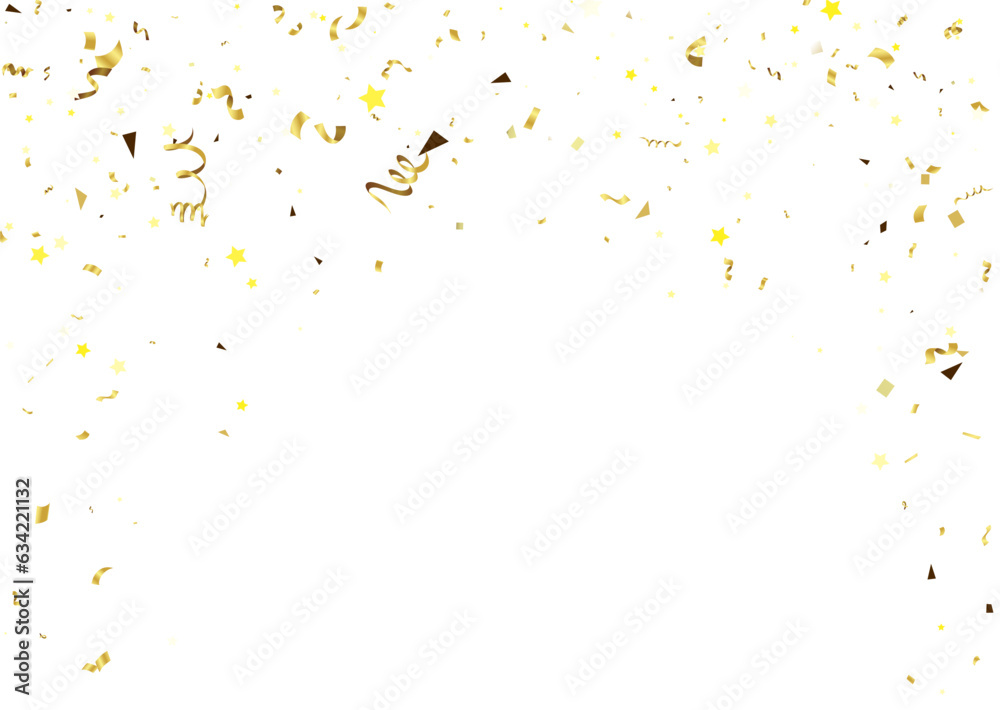 Gold confetti and ribbons on white background. Vector illustration.