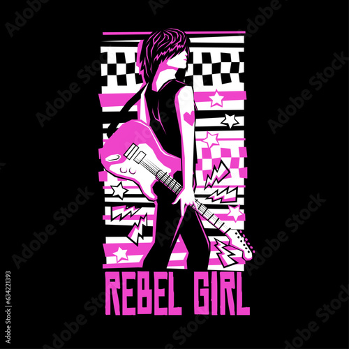 HAND DRAWN PUNK ROCK GIRL REBEL RIOT GUITAR MUSIC MUSICIAN STAR LIGHTNING BOLTS JAGGED VINTAGE GIRL POWER WOMAN PERSON TSHIRT TEE PRINT FOR APPAREL MERCHANDISE